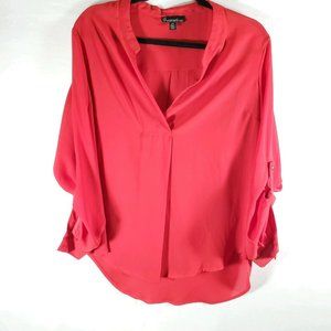 Signature Studio Red Blouse Top Roll Tab Sleeves V neckline Large